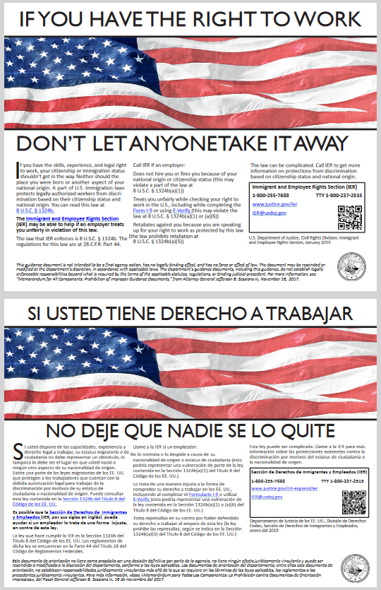 IER Right to Work Poster (English/Spanish)